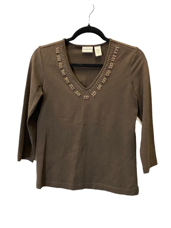 Women's Blouse with HoodTop 3/4 Sleeve By Chicos In Brown, Size: S