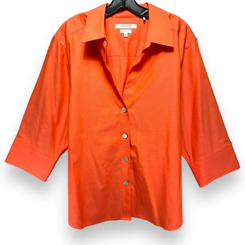 Women's Blouse with Notched CollarTop 3/4 Sleeve By Foxcroft In Orange, Size: 2x