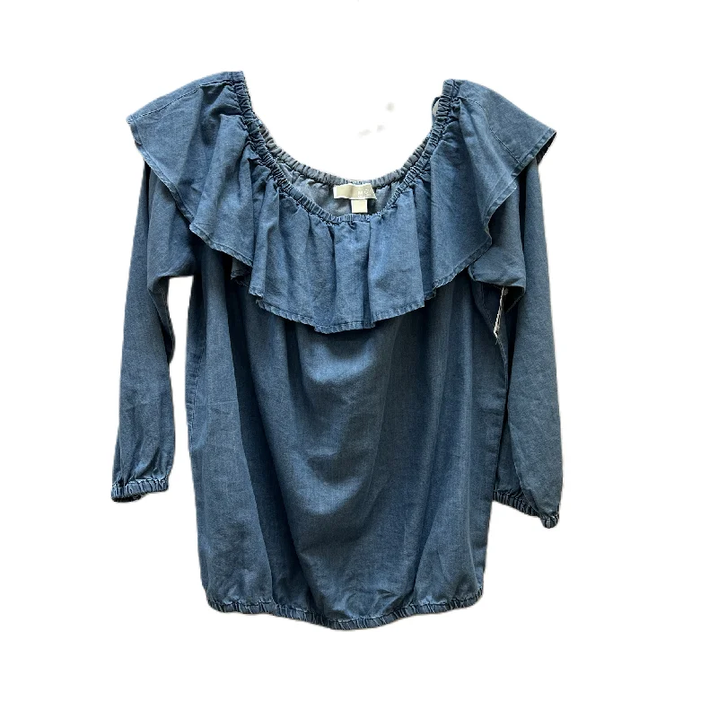 Women's Blouse with Shirt CollarTop Long Sleeve Basic By Michael By Michael Kors In Blue Denim, Size: M