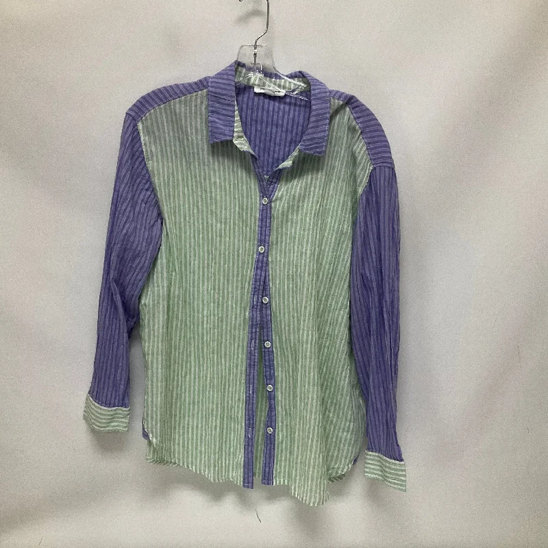 Women's Blouse with Narrow CollarTop Long Sleeve By Beachlunchlounge In Green & Purple, Size: Xl