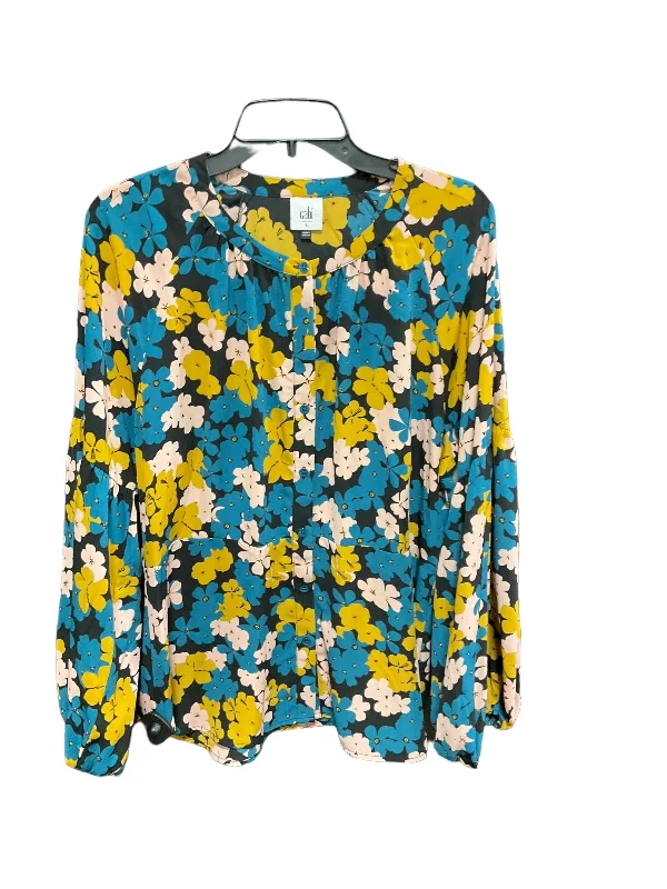 Women's Blouse with Notched CollarTop Long Sleeve By Cabi In Floral, Size: L