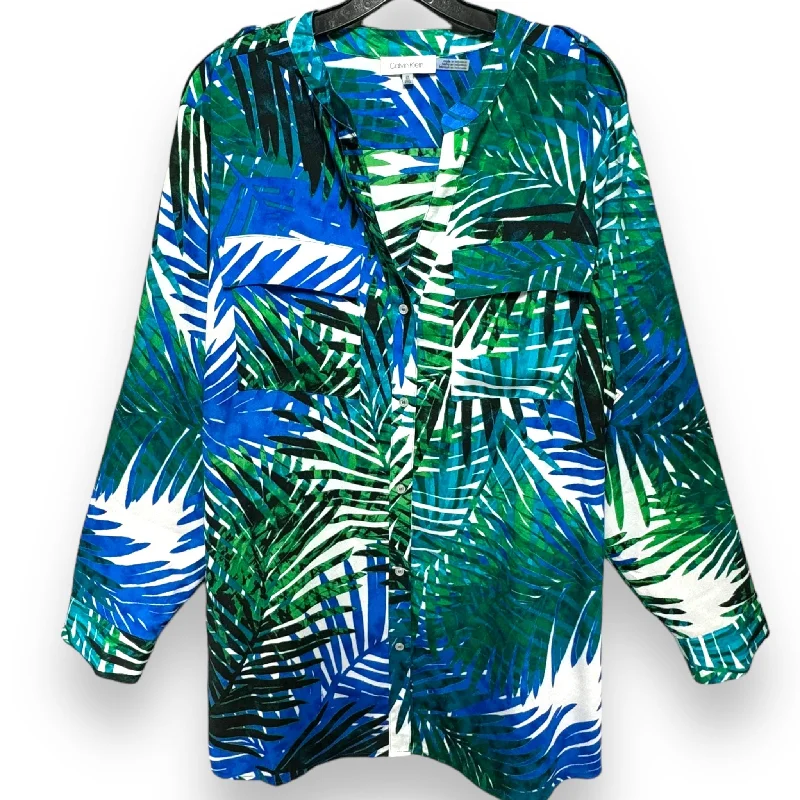 Women's Blouse with Shawl CollarTop Long Sleeve By Calvin Klein In Tropical Print, Size: 2x