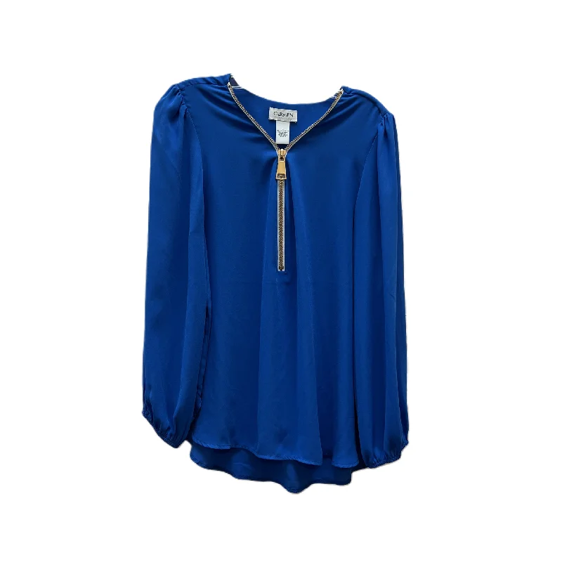 Women's Blouse with Keyhole CollarTop Long Sleeve By Carmen By Carmen Marc Valvo In Blue, Size: L