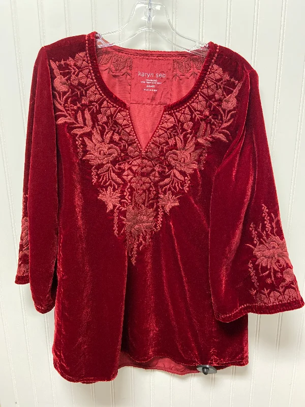 Women's Blouse with Shawl CollarTop Long Sleeve By Cma In Red, Size: S