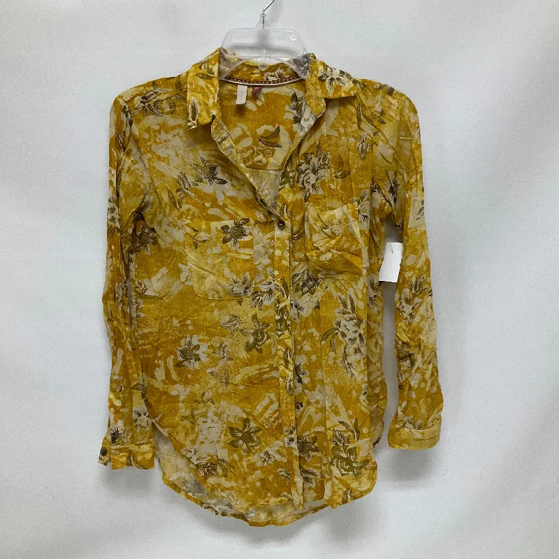 Women's Blouse with Shirt CollarTop Long Sleeve By Pilcro In Yellow, Size: Xxs