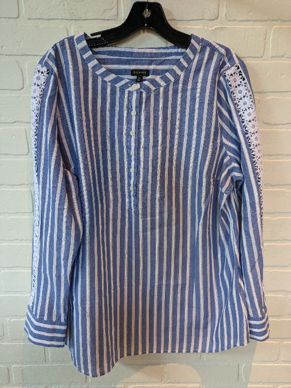 Women's Blouse with Keyhole CollarTop Long Sleeve By Talbots In Blue & White, Size: Xl