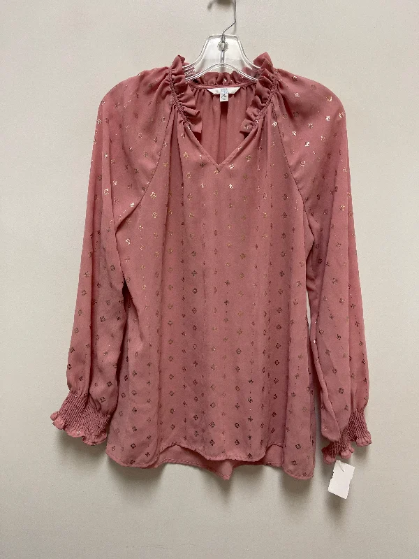 Women's Blouse with Keyhole CollarTop Long Sleeve By Time And Tru In Pink, Size: M