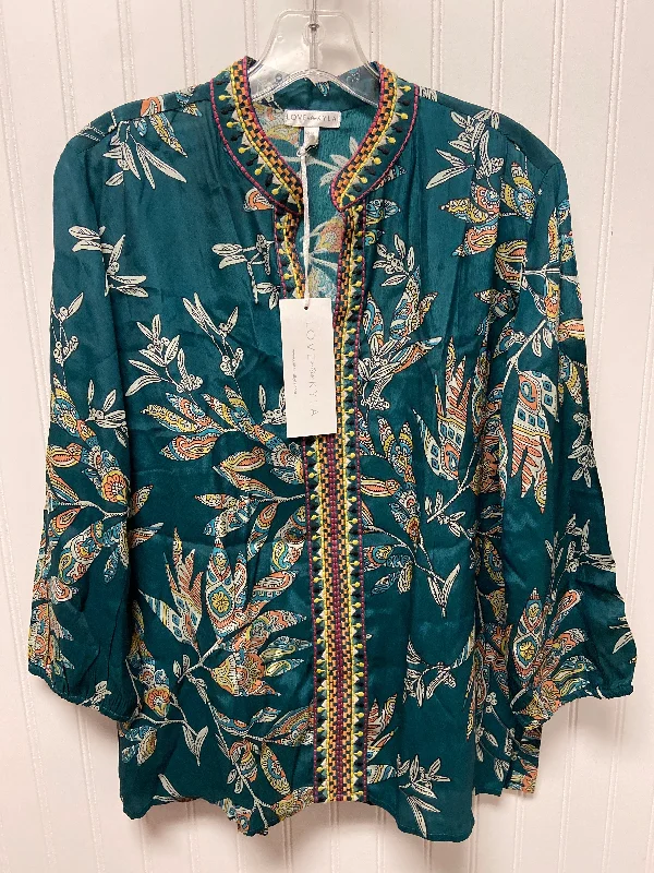 Women's Blouse with V-Shaped CollarTunic Long Sleeve By Cma In Teal, Size: S