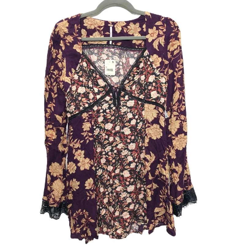 Women's Blouse with Mandarin CollarTunic Long Sleeve By Free People In Black & Purple, Size: S